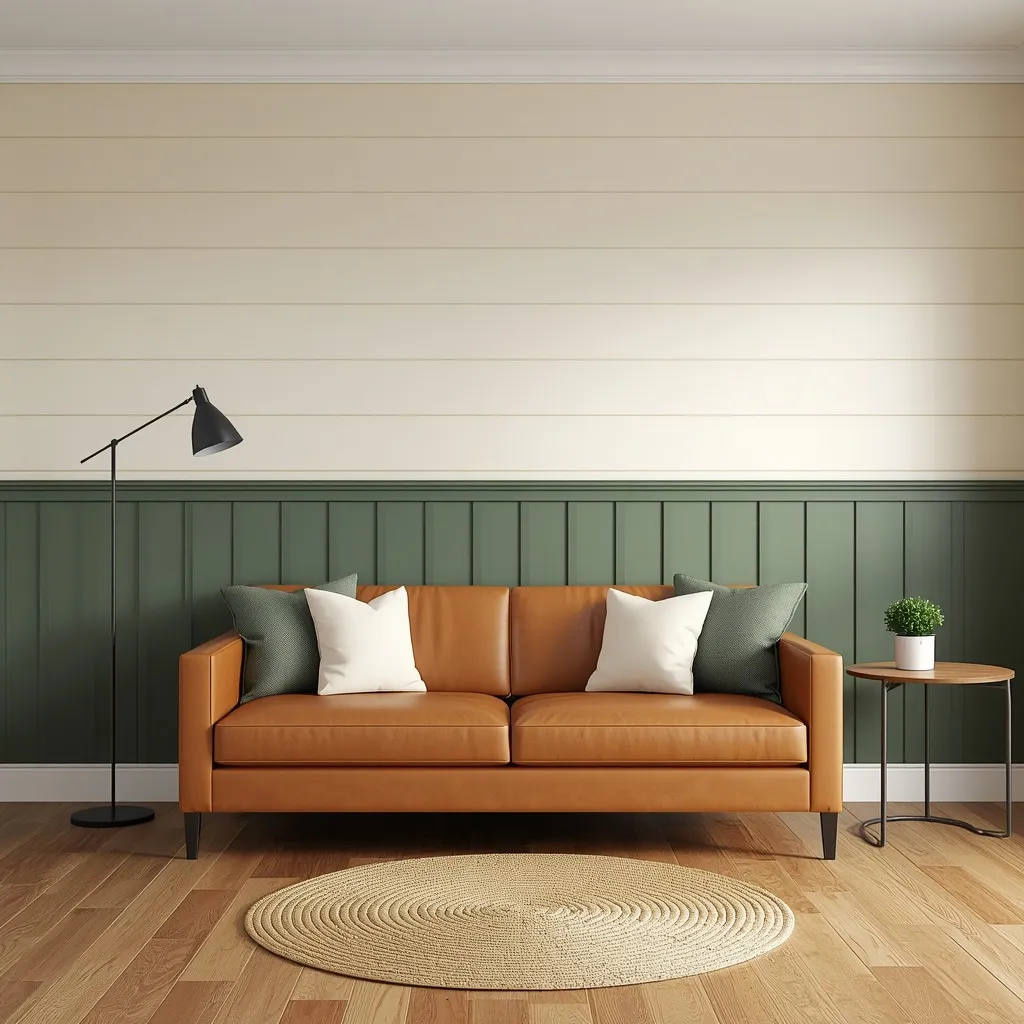 Two tone wall with deep sage vertical paneling on the lower third and cream horizontal shiplap above, behind a cognac leather sofa