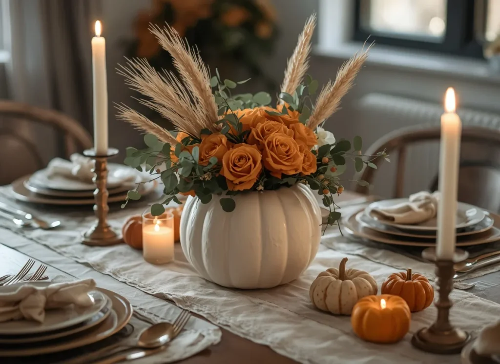 White painted pumpkin used as a vase with orange roses, dried pampas, and eucalyptus on a Thanksgiving table with candles, linen napkins, and mini pumpkins