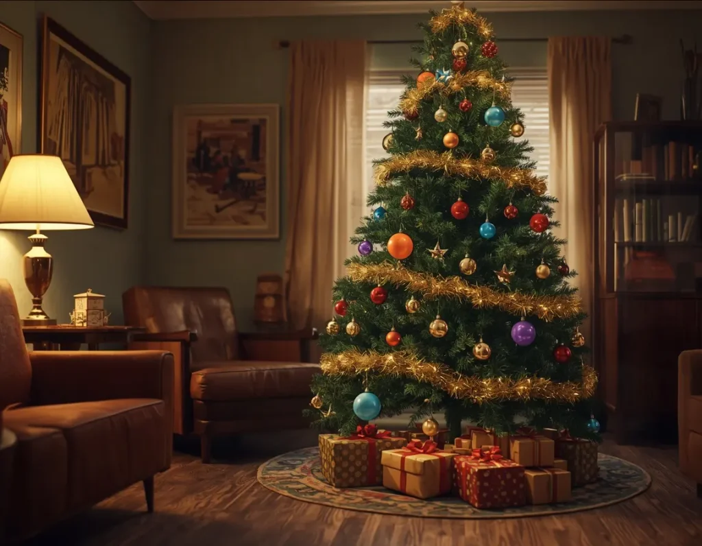 Vintage retro Christmas tree with colorful glass ornaments and gold tinsel garland above wrapped gifts in a living room with leather armchairs