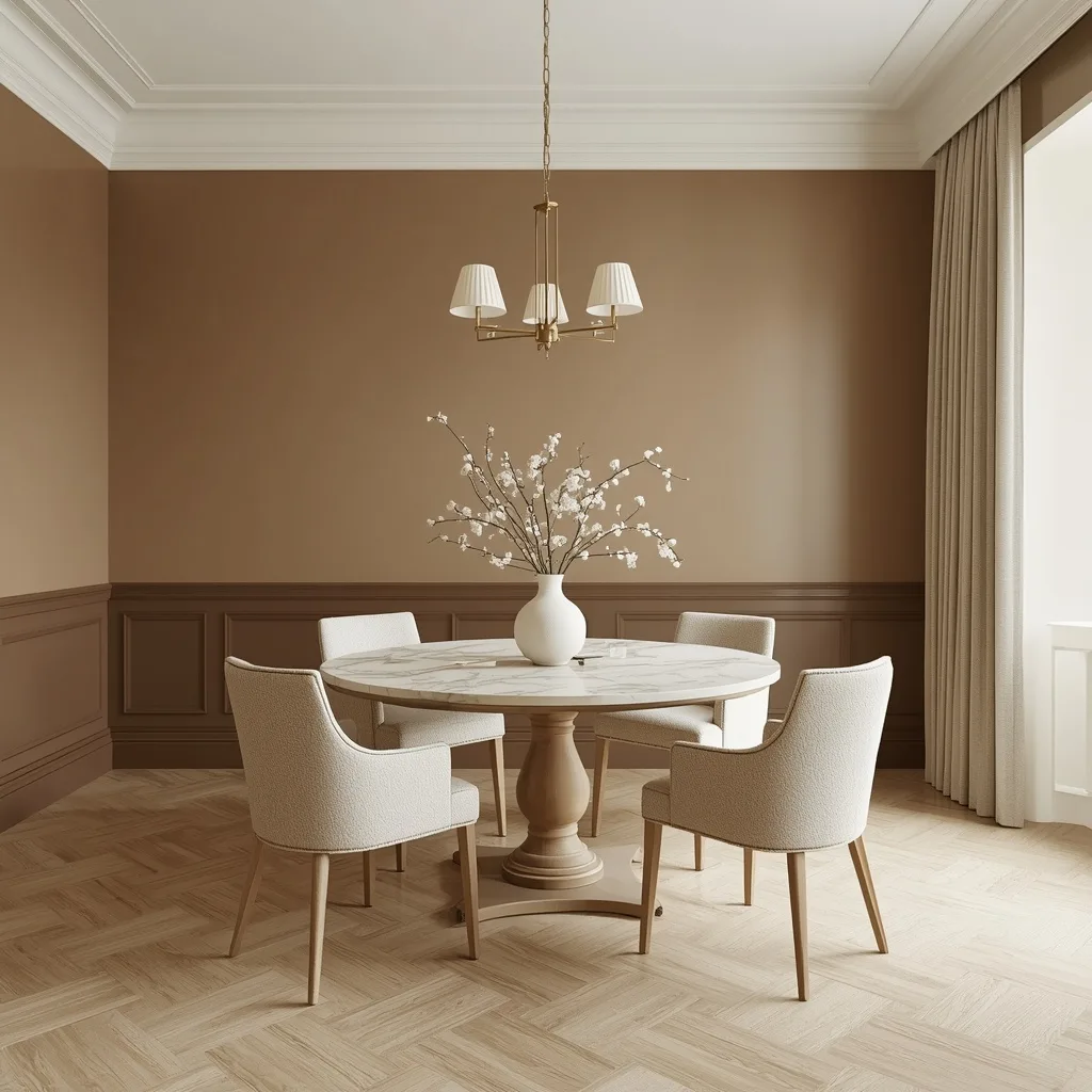 Elegant dining room with espresso brown picture frame wainscoting, an ivory upper wall, a round travertine table, and cream boucle chairs