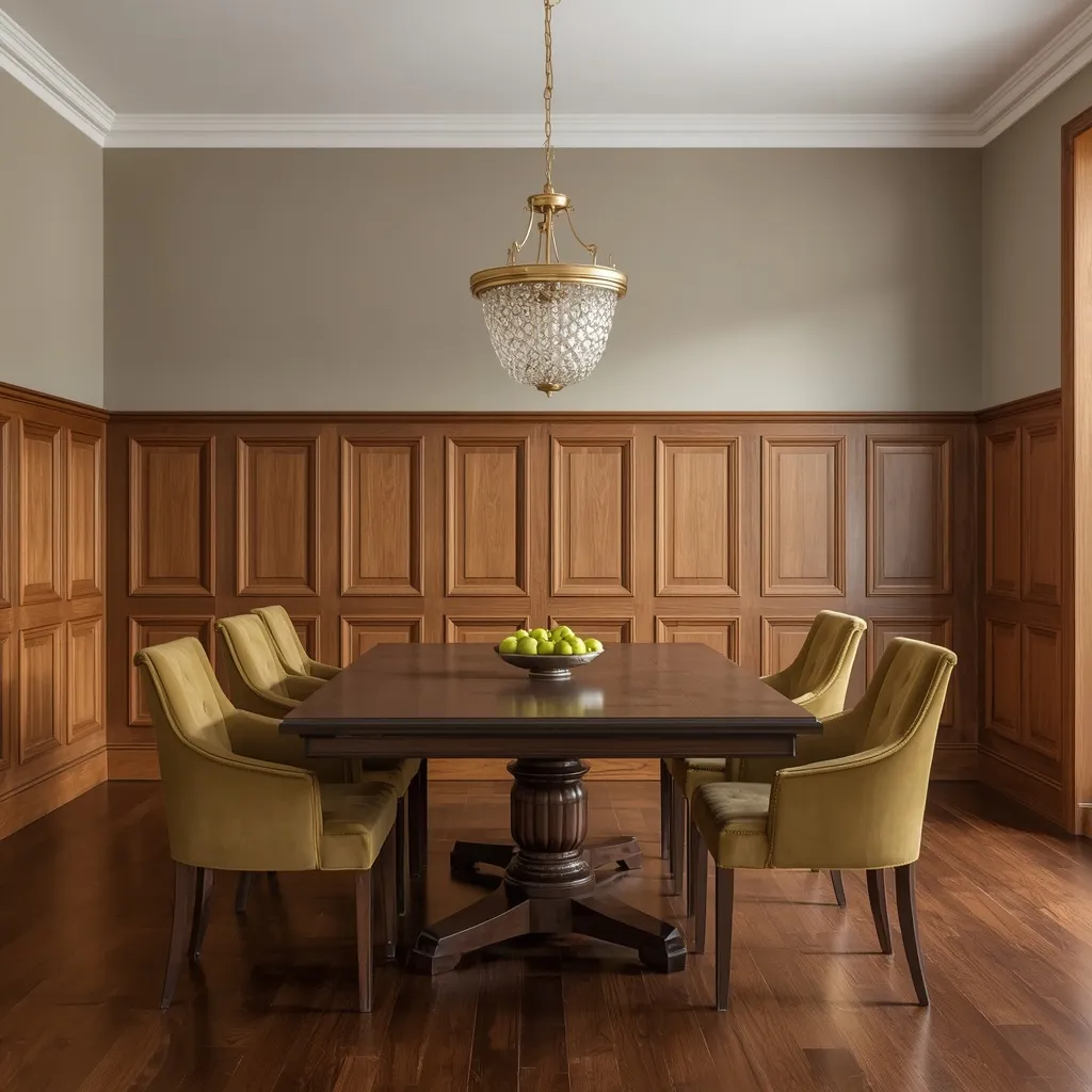Walnut stained raised panel wainscoting with greige upper walls, chartreuse velvet chairs, a dark pedestal table, and a crystal chandelier