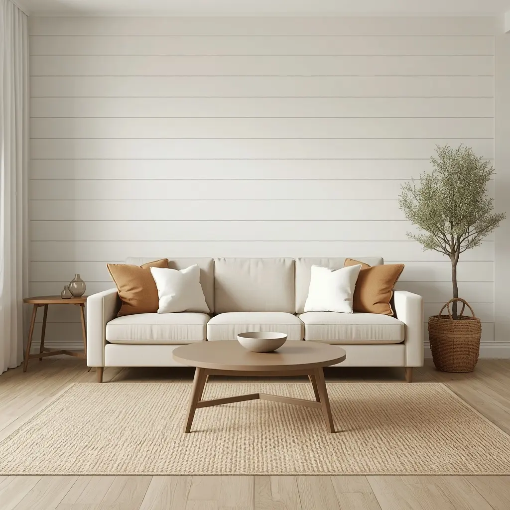  Warm cream horizontal shiplap behind a cream sofa with caramel and white pillows, a round wood coffee table, and an olive tree in a woven basket