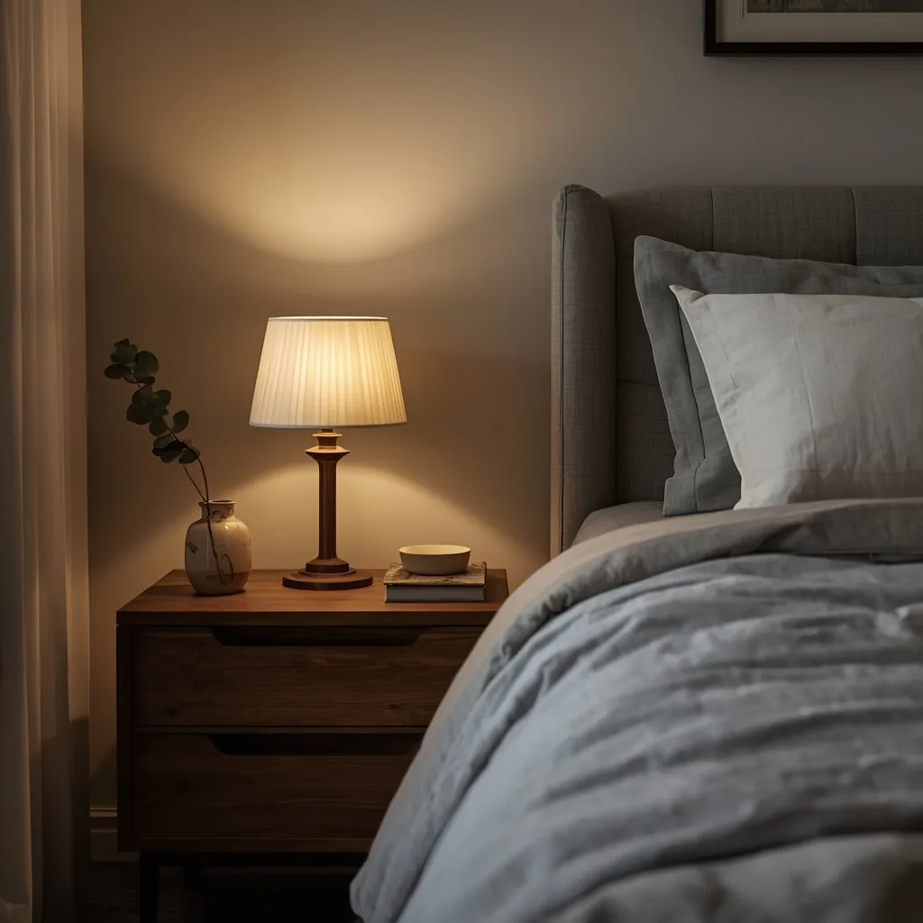  Wooden table lamp with a pleated white shade glowing on a walnut nightstand beside a gray upholstered bed with gray linen bedding