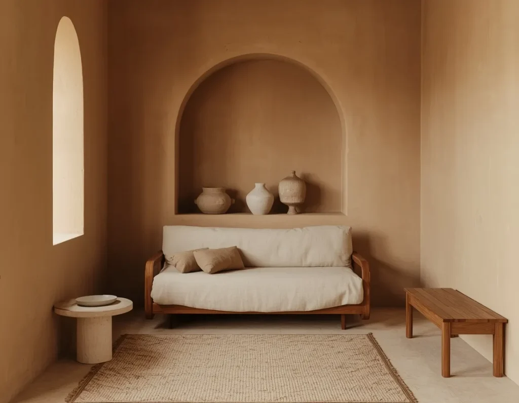 Sand-colored limewash walls with an arched niche holding three ceramic vases above a low wooden sofa with linen cushions