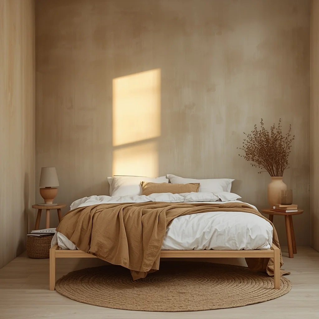 Beige limewash walls with soft cloudy texture behind a light wood platform bed with white bedding, a caramel throw, and a round jute rug
