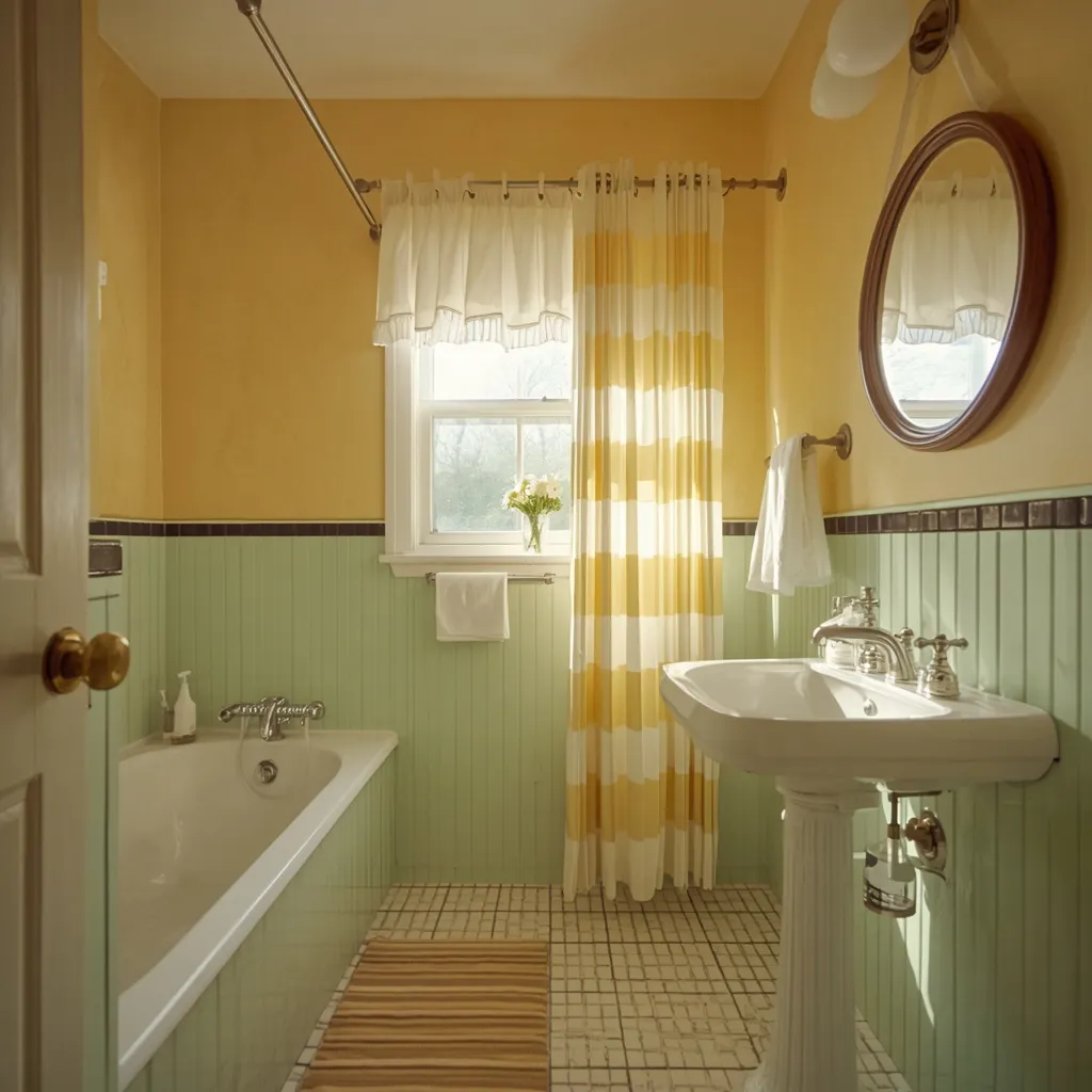 Bathroom with mint green beadboard, butter yellow walls, a yellow and white striped shower curtain, and a white ruffled valance on the window