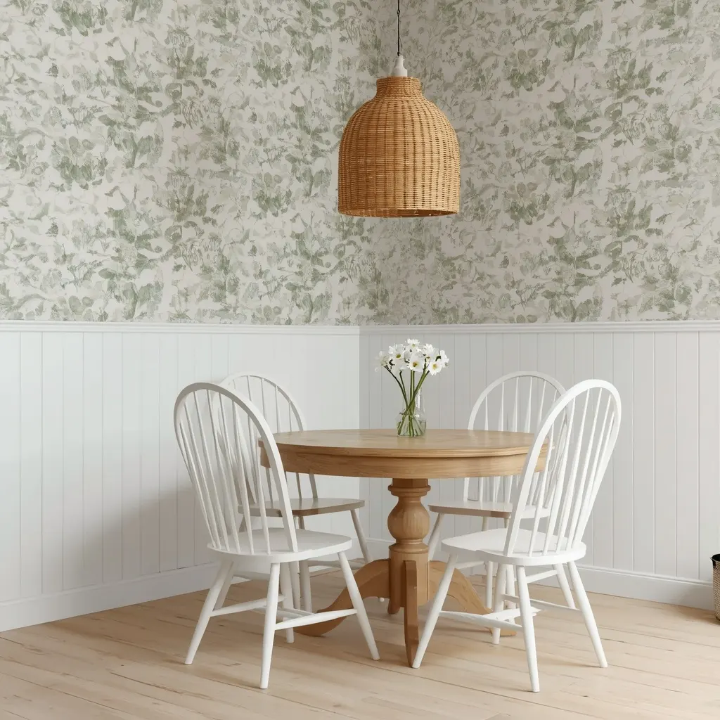 White beadboard wainscoting below green botanical wallpaper, with white spindle chairs around a round oak pedestal table and a rattan pendant