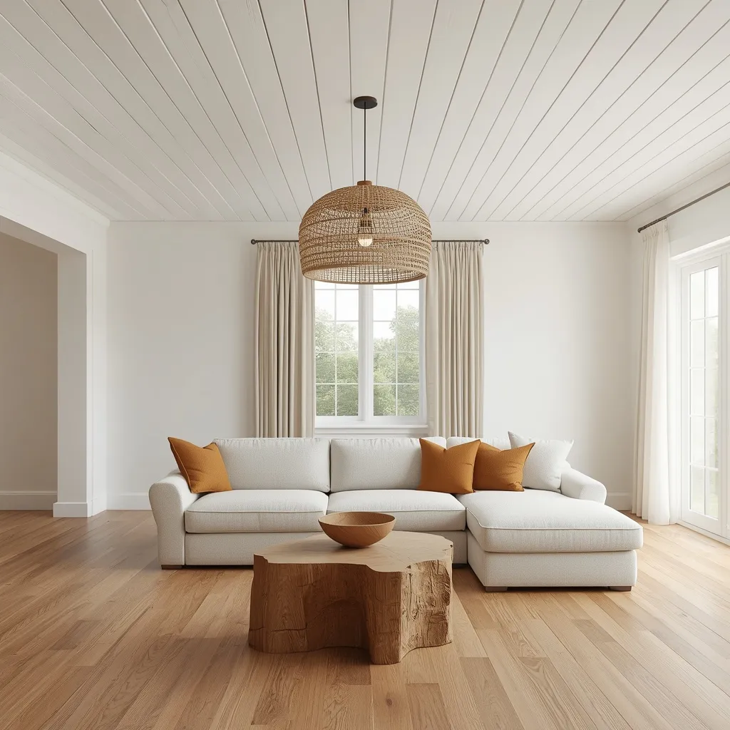 White shiplap ceiling above a living room with a large woven rattan pendant, a cream sectional with ochre pillows, and a tree stump coffee table