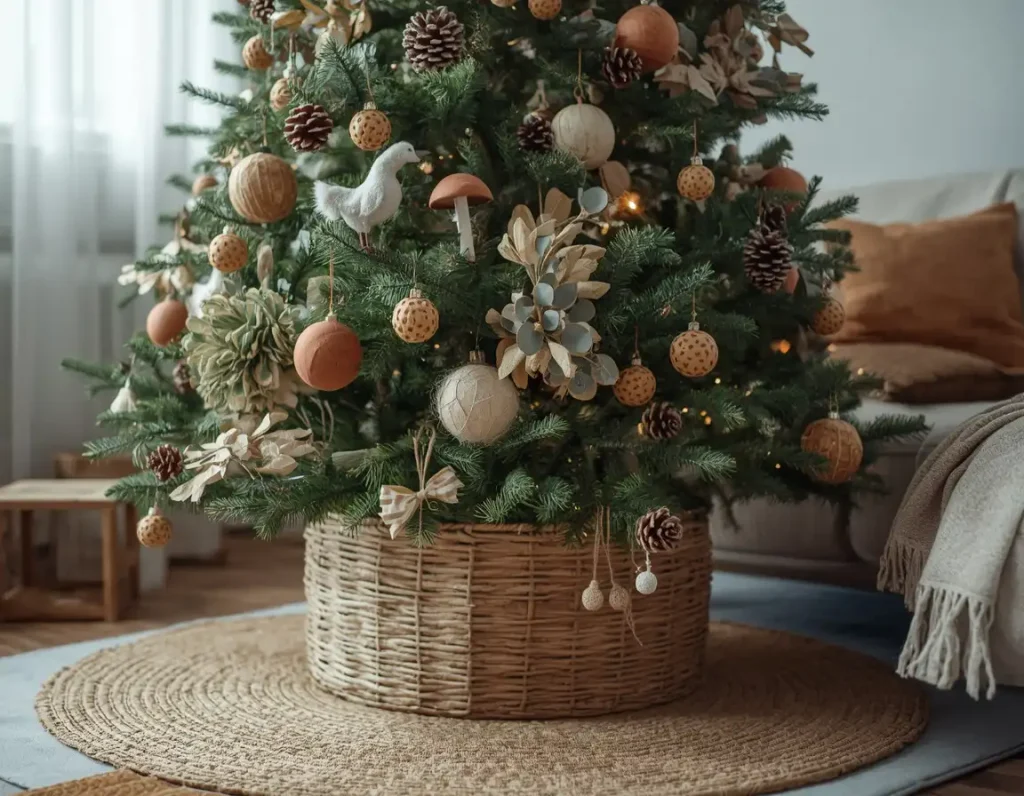 Woodland Christmas tree in a woven basket with pinecones, terracotta felt balls, rattan ornaments, a white bird, and dried flowers on a jute rug