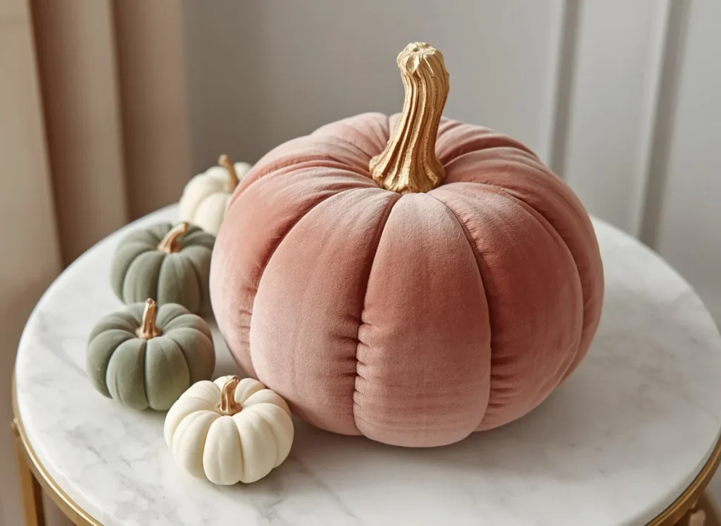  Large blush pink velvet pumpkin with a gold stem on a round marble side table beside mini sage green and cream pumpkins