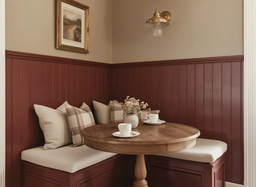 Oxblood red beadboard kitchen wainscoting behind a built-in breakfast banquette with cream cushions, plaid pillows, and a round wood pedestal table