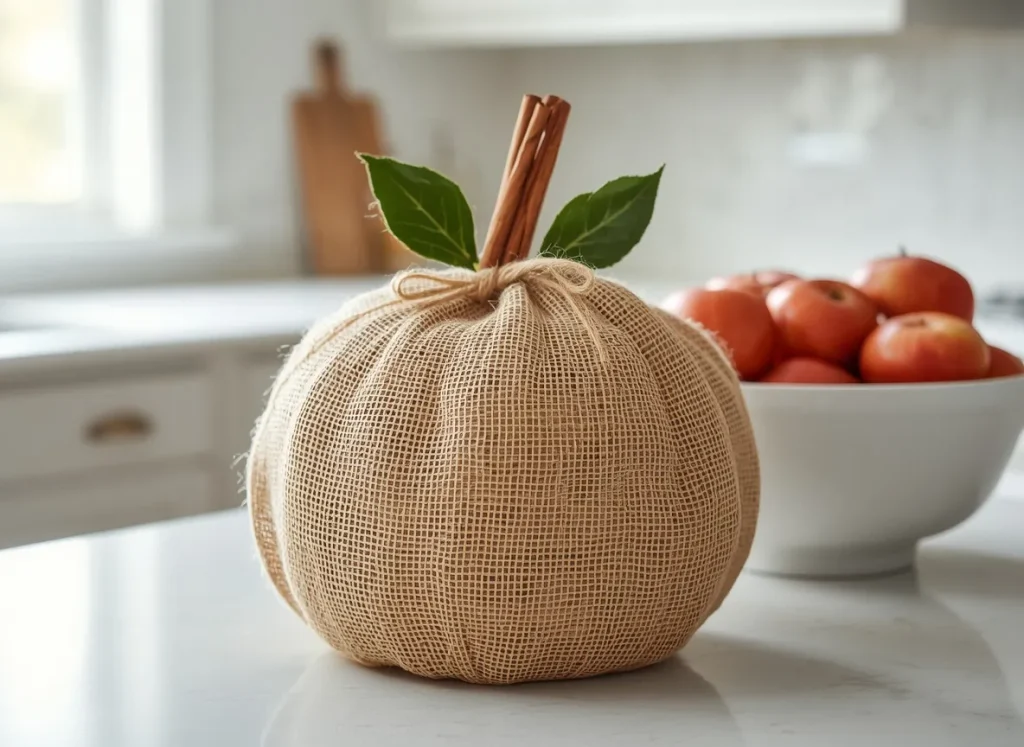 Plastic pumpkin wrapped in loose weave burlap tied with twine, topped with cinnamon sticks and two green leaves, on a white kitchen counter beside a bowl of red apples