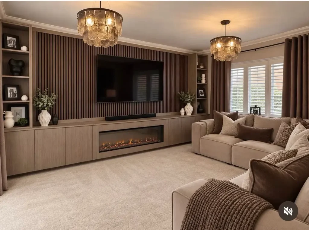 Dark wood slat media wall with lit side shelves, an electric fireplace, and a taupe sectional