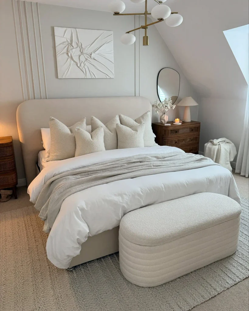 Cream bedroom with a curved upholstered headboard, textured boucle pillows, white bedding, a boucle storage ottoman and wall moulding panels