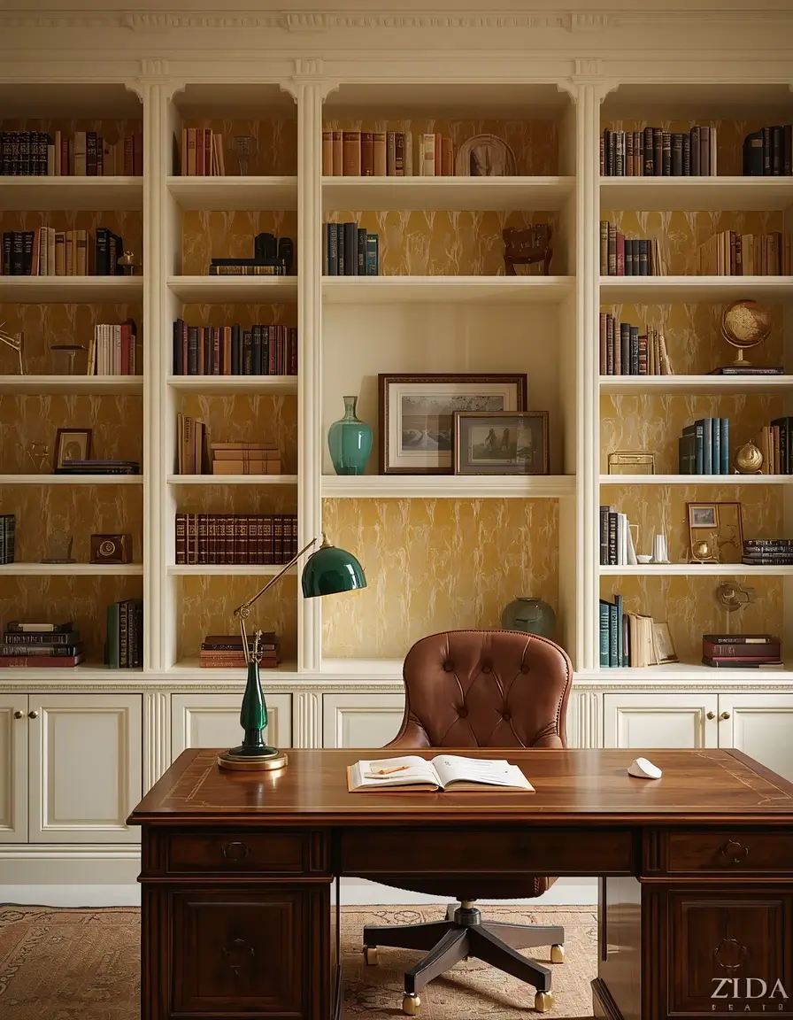 Ivory built in office bookcase with mustard Art Deco scallop wallpaper, a brass library ladder, and a walnut desk