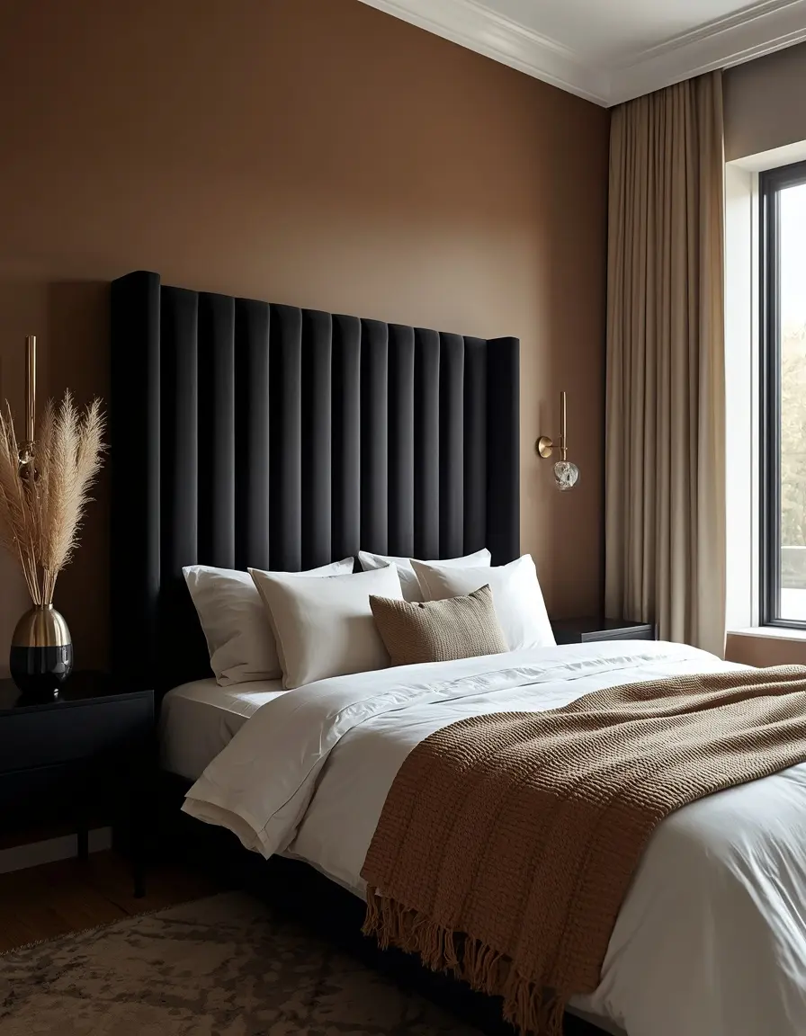 Bedroom with tall black channel-tufted headboard, white and beige bedding, brass wall sconces and pampas grass on a black nightstand