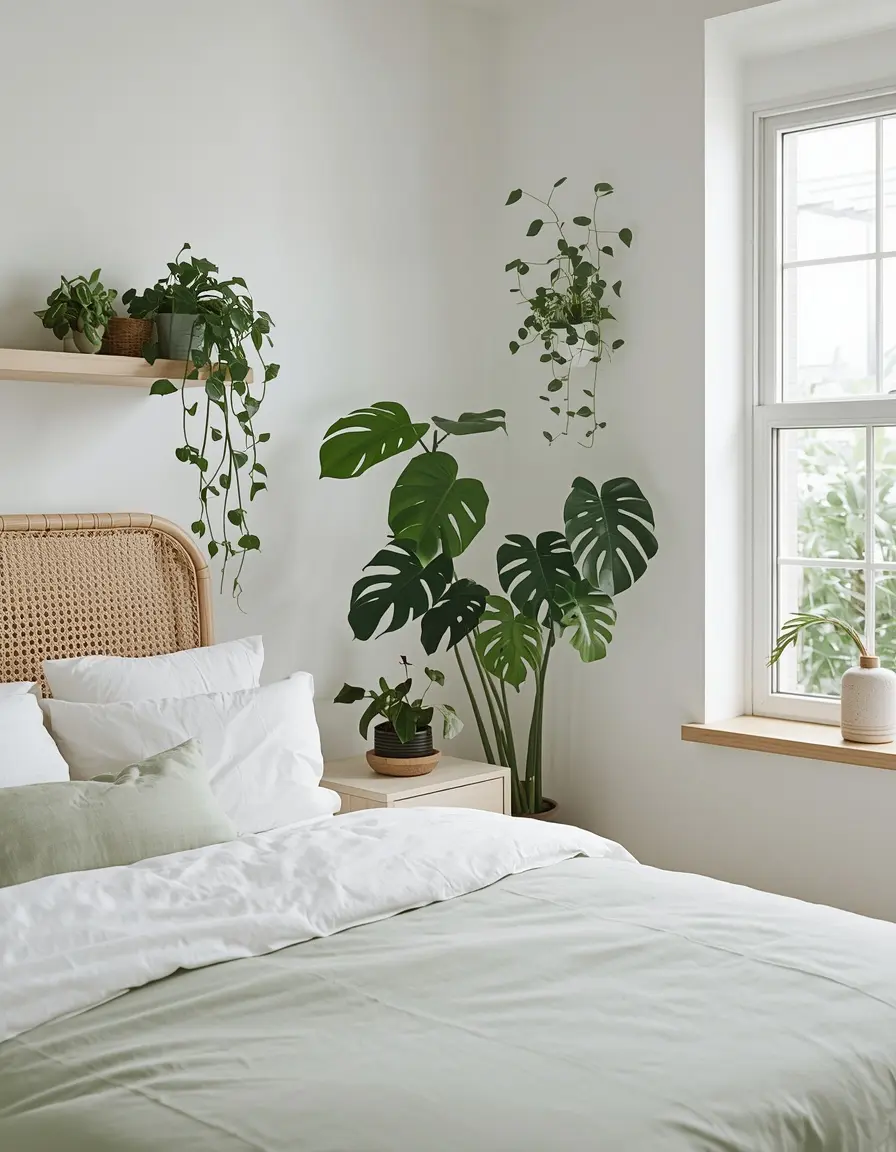 Bright bedroom with white and sage green bedding, rattan headboard, potted fiddle leaf fig, monstera and hanging plants near a large window