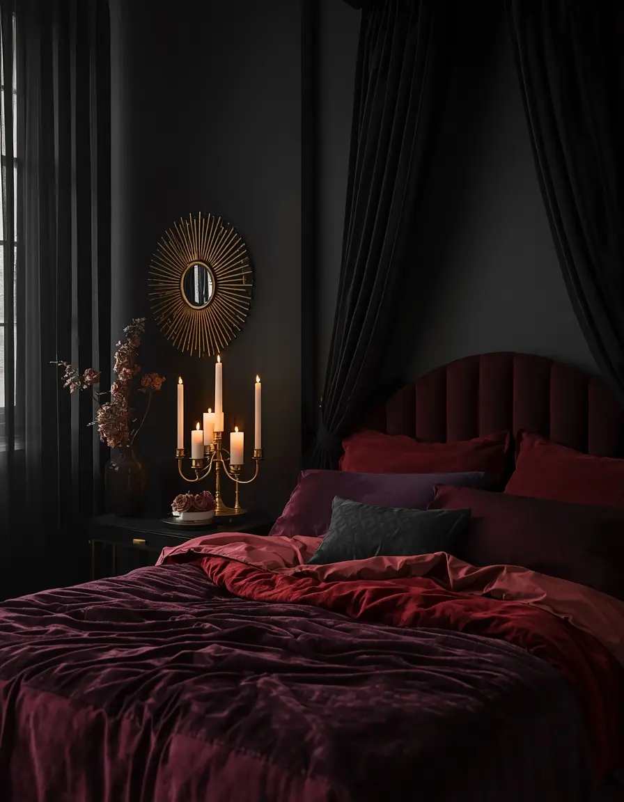 Moody bedroom with plum and burgundy velvet bedding, tufted velvet headboard, black canopy drapes, gold sunburst mirror and lit candles