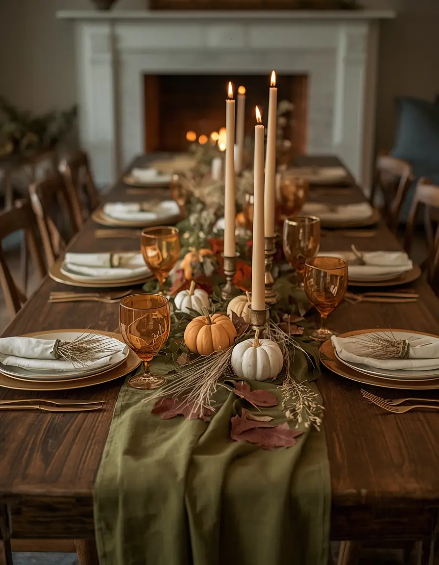 Long Thanksgiving dining table with olive green runner, layered plates, gold cutlery, taper candles, mini pumpkins and autumn leaves
