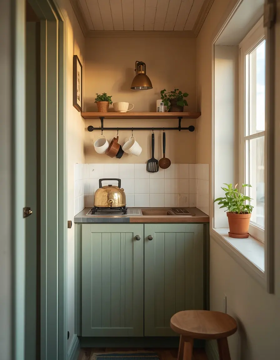 Small galley kitchen with sage green cabinets, floating wooden shelf with mugs, hanging utensil rail and herbs on the windowsill