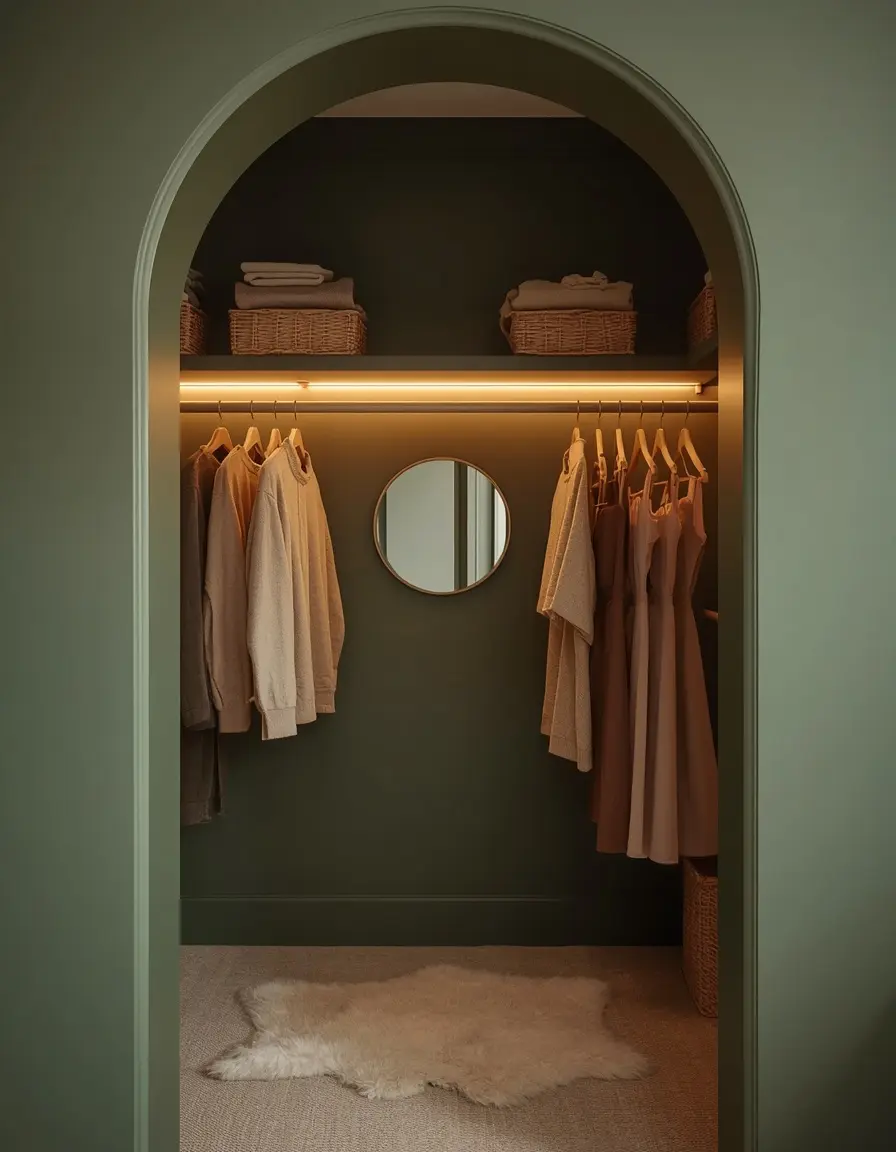 Small sage green walk-in closet with arched entry, double hanging rods of neutral clothes, folded sweaters on a shelf and warm strip lighting