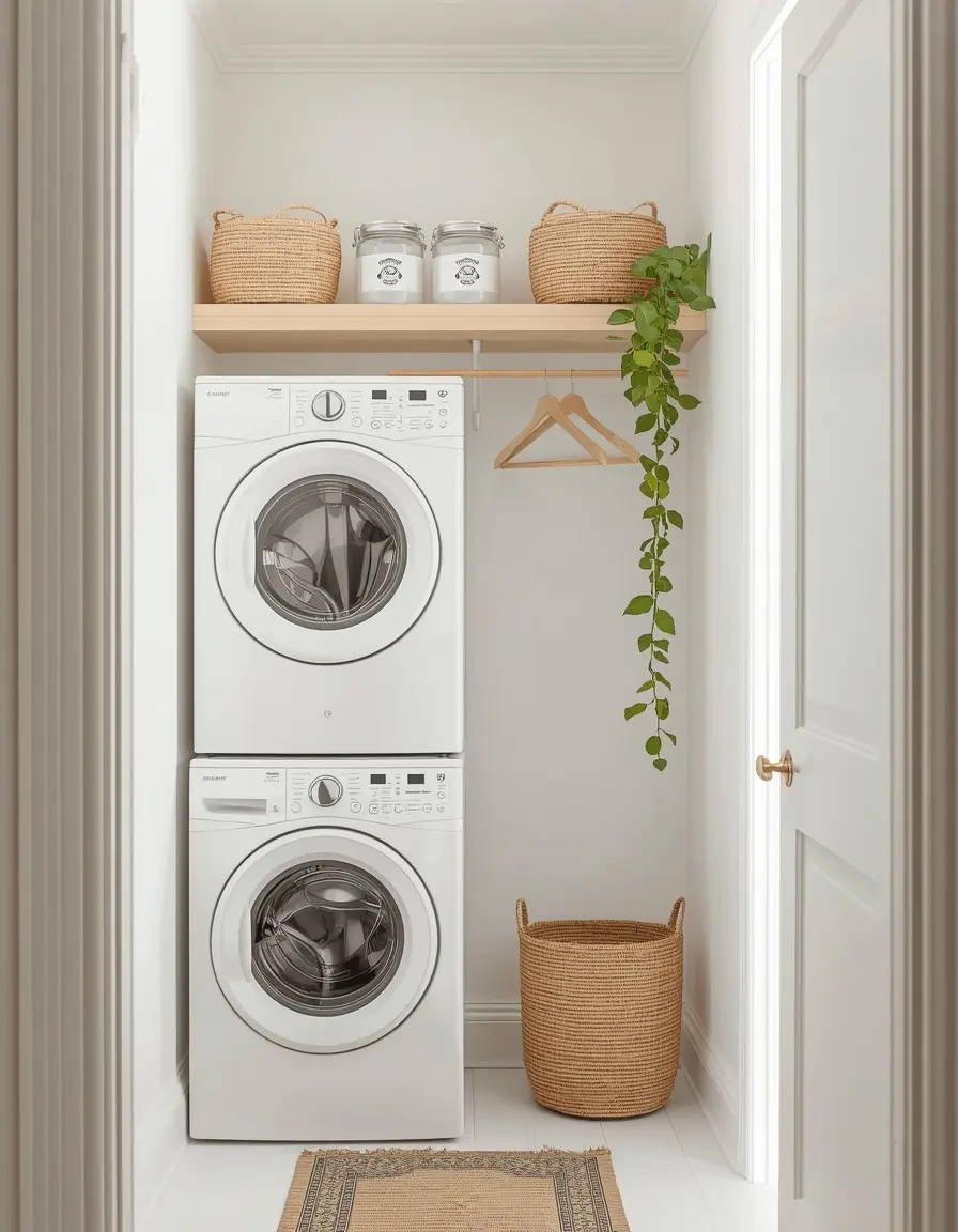 Small laundry nook with stacked white washer and dryer, floating oak shelf with woven baskets, hanging rod and a trailing pothos plant