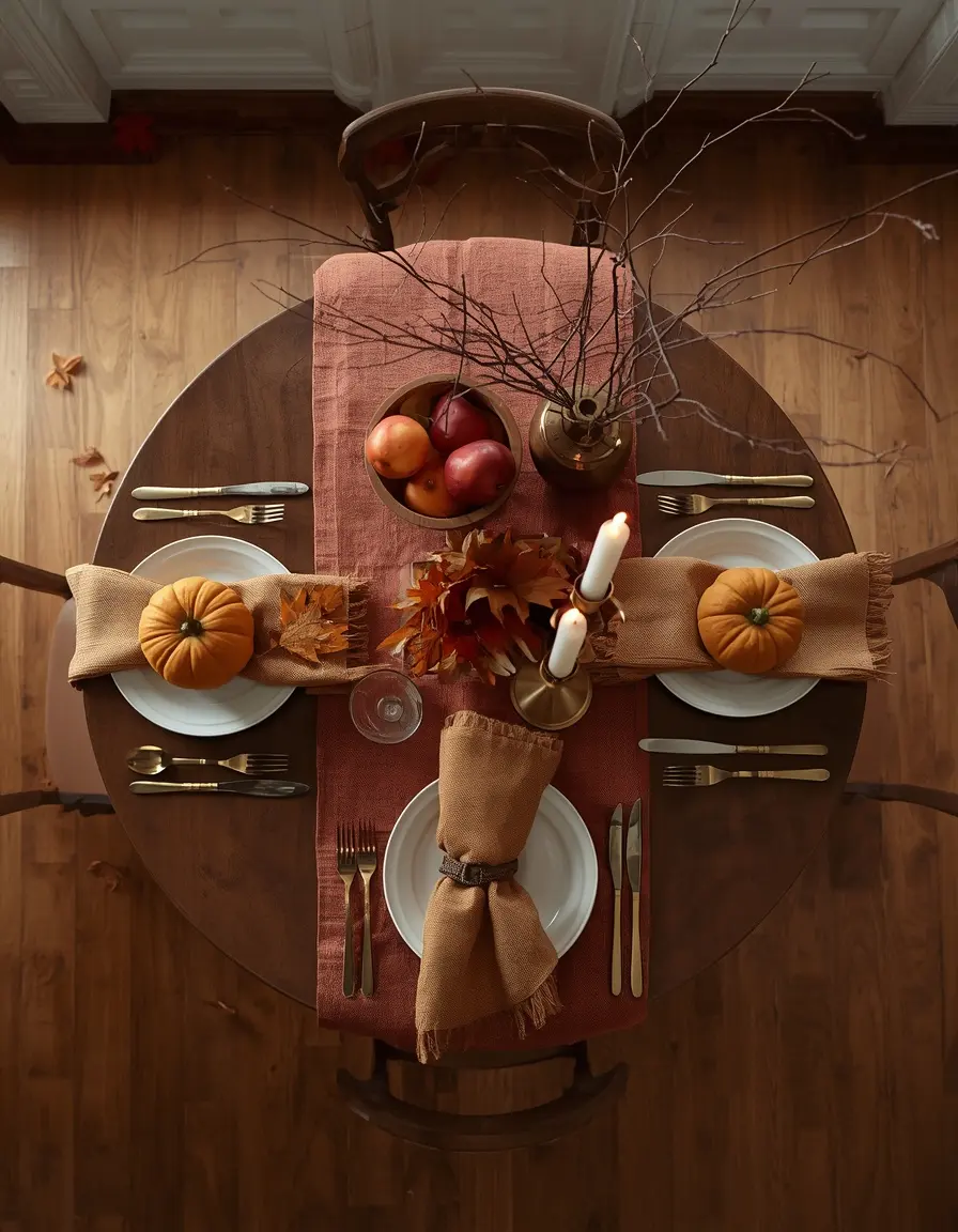 Overhead view of a round walnut table set for two with rust linen tablecloth, ivory plates, mustard napkins, heirloom pumpkins and a lit brass candlestick