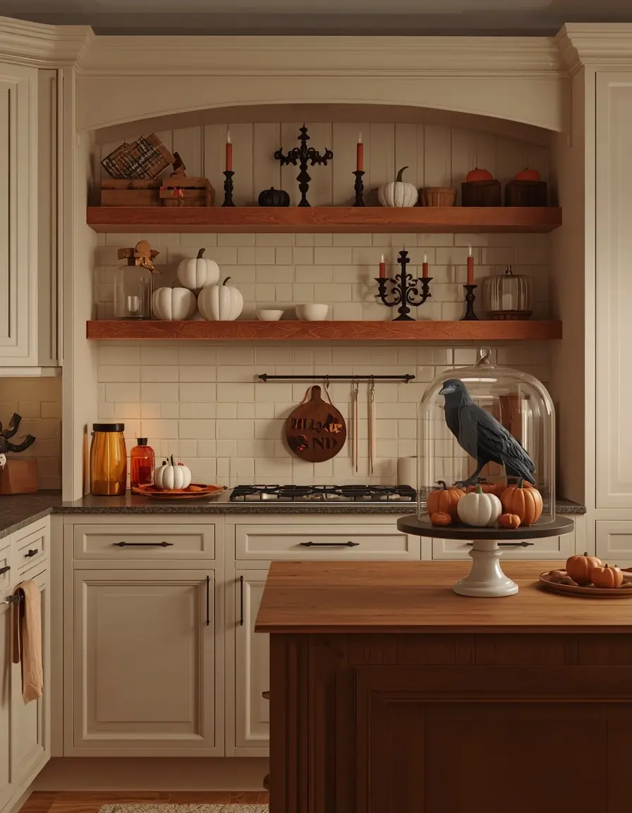 Cozy cream kitchen styled for October with pumpkins on open shelves, black candlesticks, and a raven under a glass cloche