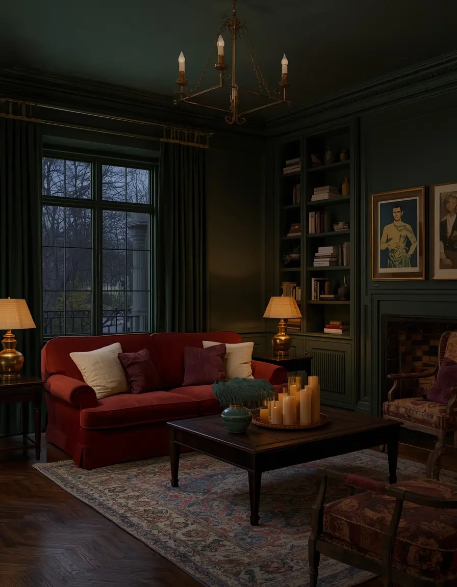 Moody living room ideas with deep green walls, a rust velvet sofa, glowing brass lamps, candles on a wood coffee table, and bookshelves